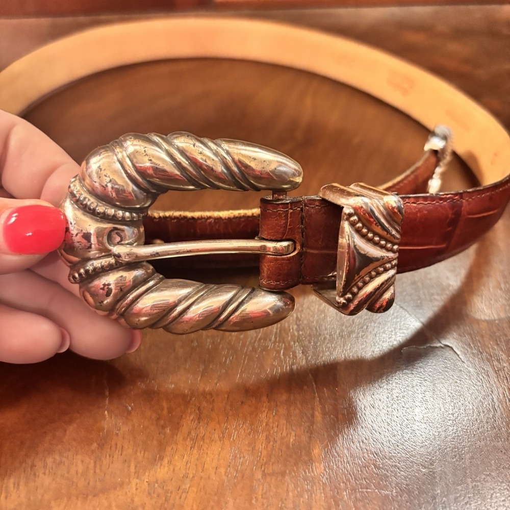 Enmon Italy Brown Leather Belt Silver Sculptural Buckle Small 34"‎ Calfskin